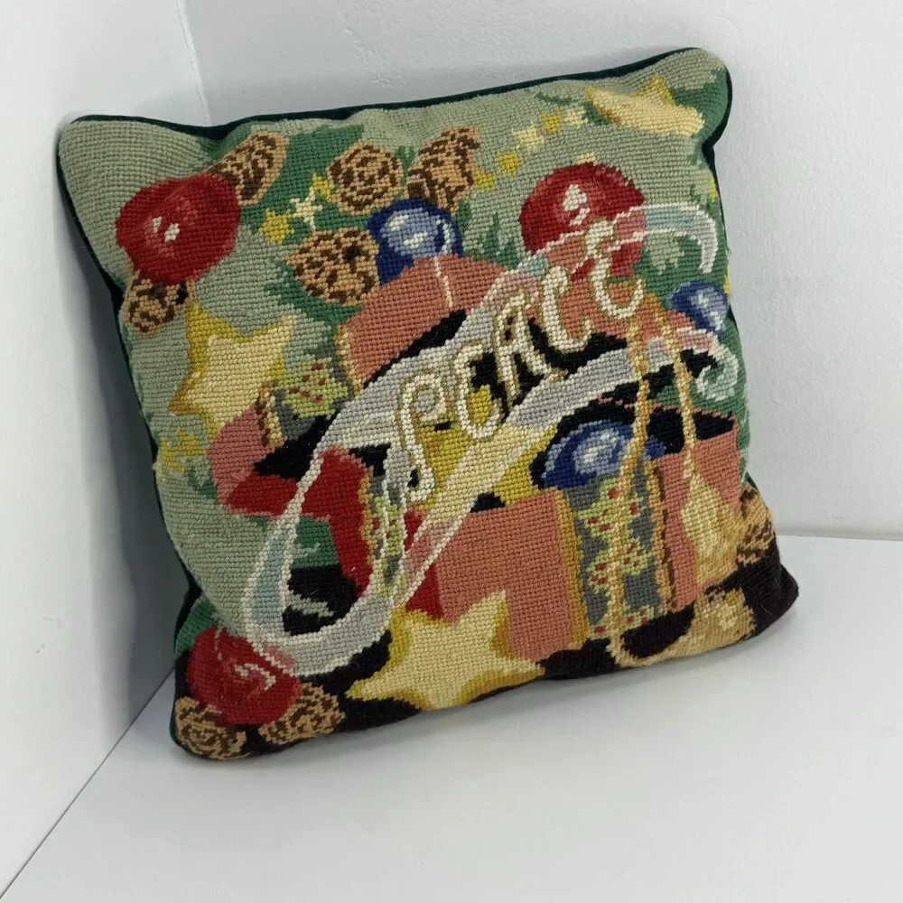 Vintage Handmade Needlepoint Pillow Christmas Peace Velvet Back 13x13 Gift